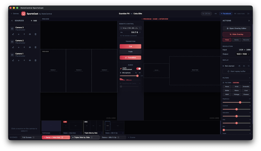 SportsCast desktop studio with preview and program monitors, scene buttons and a live scoreboard